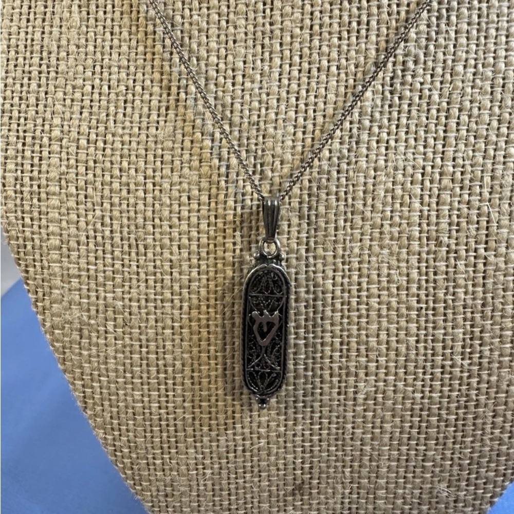 Sterling Silver Mezuzah Necklace  Intricate Filigree Design  Hebrew Letter shin